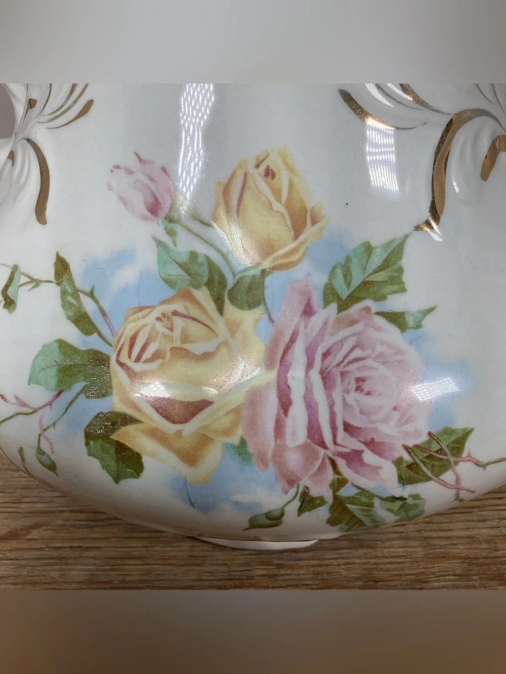 Antique WC Co Semi Porcelain 11” Pitcher Pink & Yellow Roses Gold Leafing Emboss